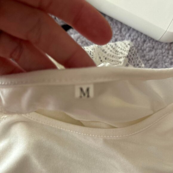 Women's White Long-Sleeve Top with Lace Backing Crossed Cut Split - Picture 5 of 6